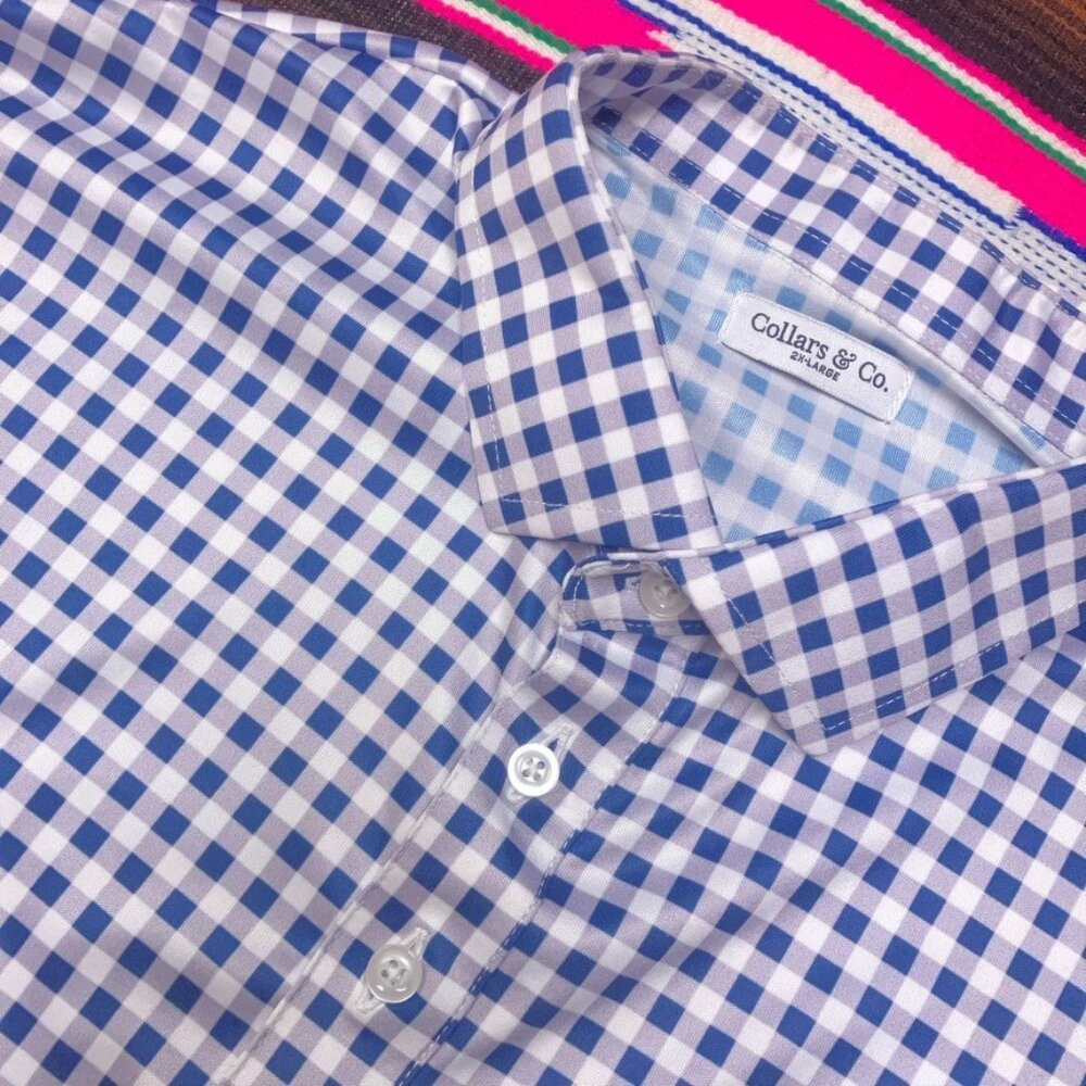 Collars & Co Polo Shirt Men's 2XL Blue White Gingham Dress Collar‎ Short Sleeve